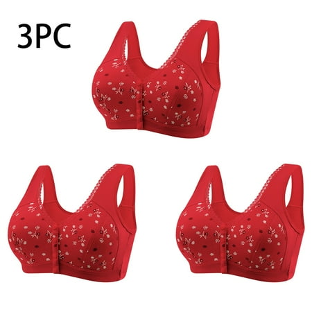 Viikei Women s Plunge Bra Deep Neckline 3PC Women Front Buckle for Middle-Aged and Elderly Underwear Soft Oversized Tank Top without Steel Ring Printed Bra Red XXL