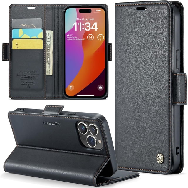 Funda tipo cartera para iPhone 15 Pro con tarjetero, función atril, bloqueo RFID, cierre magnético, protección a prueba de golpes, de piel sintética, con tapa tipo cartera para iPhone 15 Pro