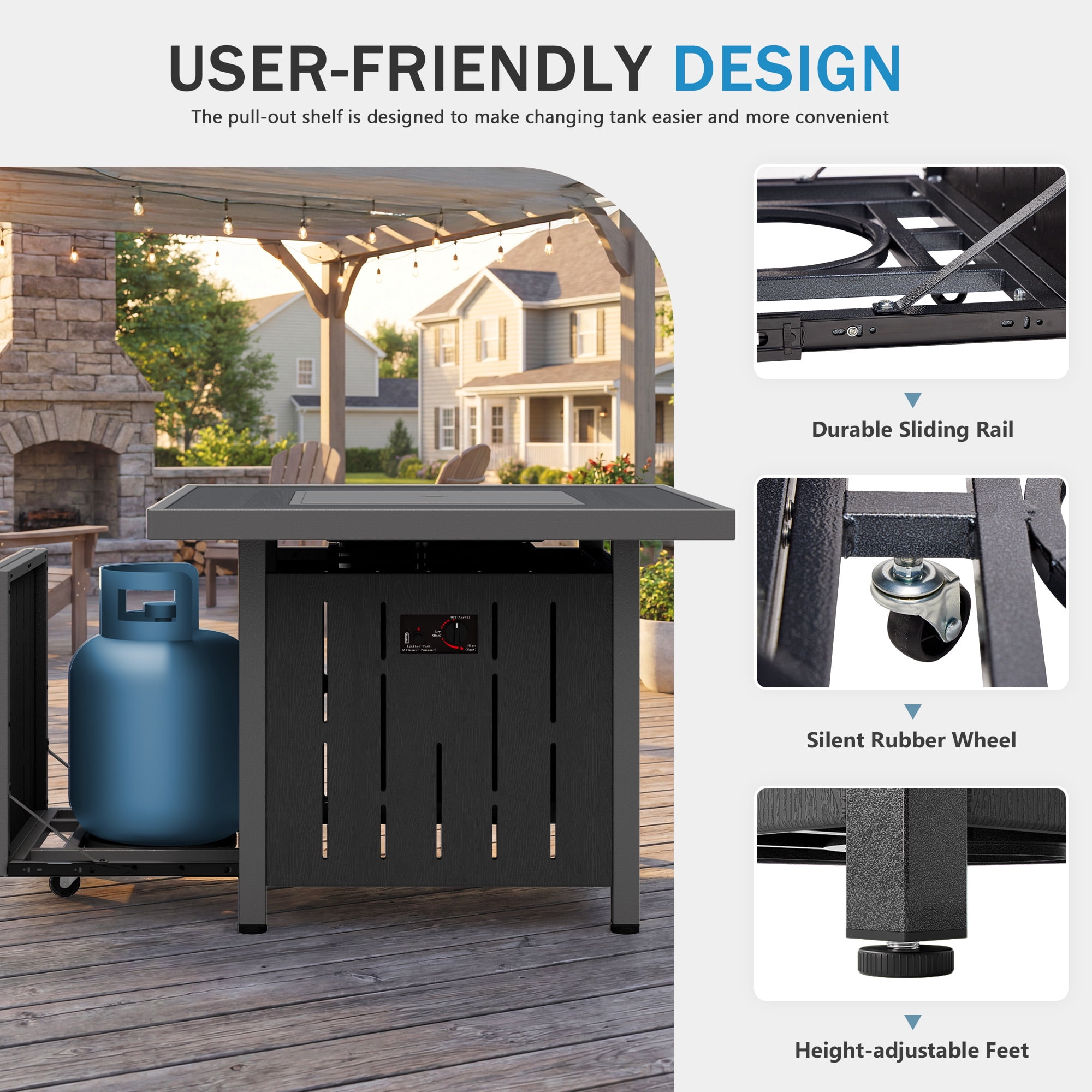 SERWALL Propane Fire Pit Table, 33 Inch Square Outdoor Fire Table with Lid, 50,000 BTU Gas Fire Pit Table with Glass Wind Guard, HDPE Fireplace for Patio, Black