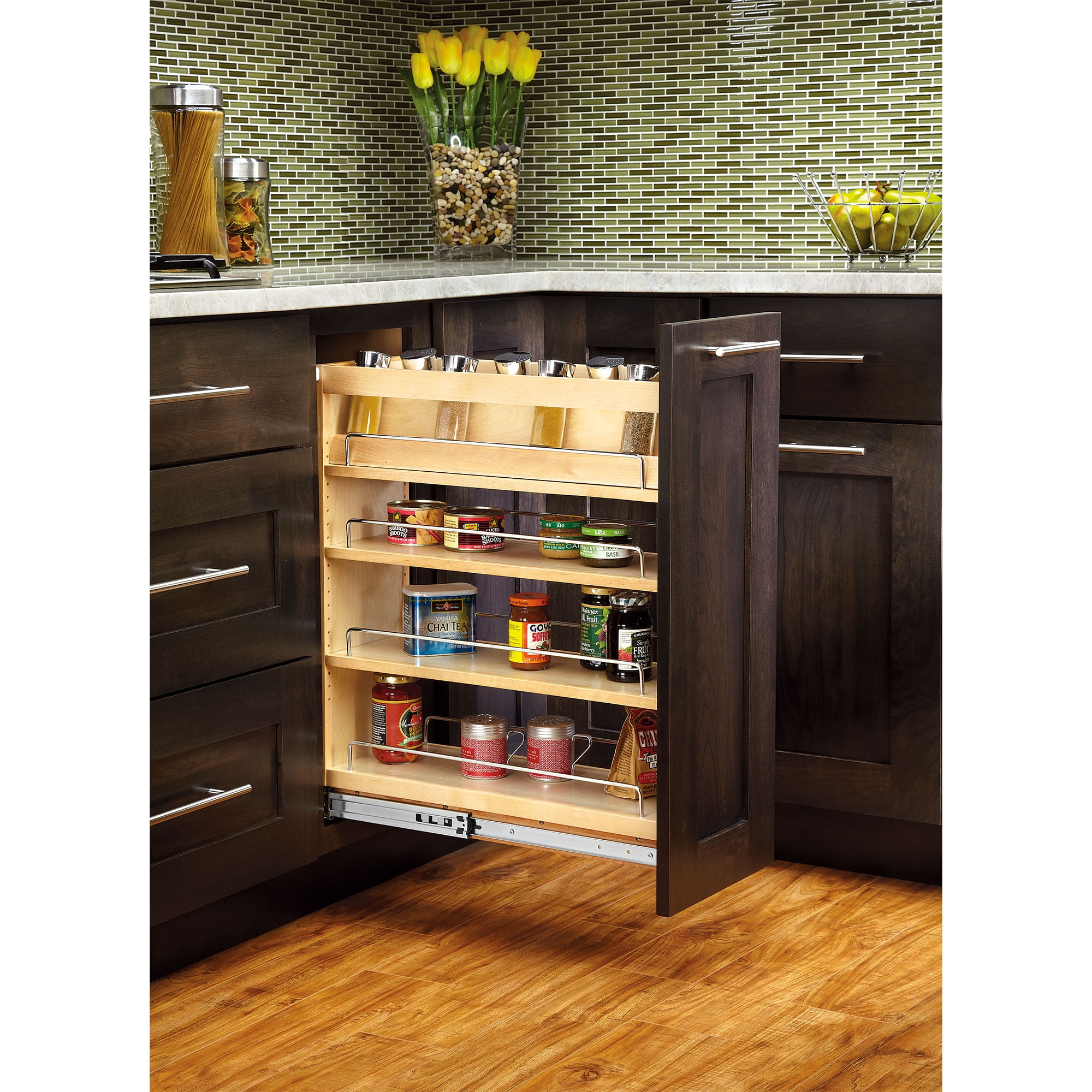 Rev-A-Shelf 8 Pull Out Storage Organizer for Base Kitchen Cabinets,  Sliding Shelves for Utilities, Utensils or Spices with Soft-Close,  448UT-BCSC-8C