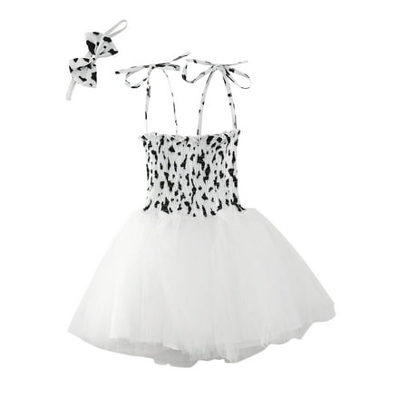 

koaiezne Toddler Baby Girls Princess Dress Cow Pattern Print Sleeveless Sling Dress Summer Layered Tulle Tutu Dress With Bow Headband Girl Pant Set Baby Girl Clothes Set