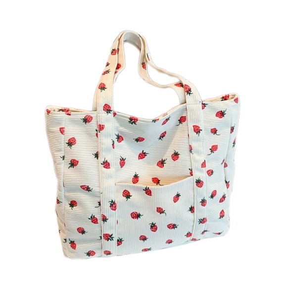Tanyzvel Allover Strawberry Print Corduroy Tote Bag, Large Capacity Shoulder Bag for Women