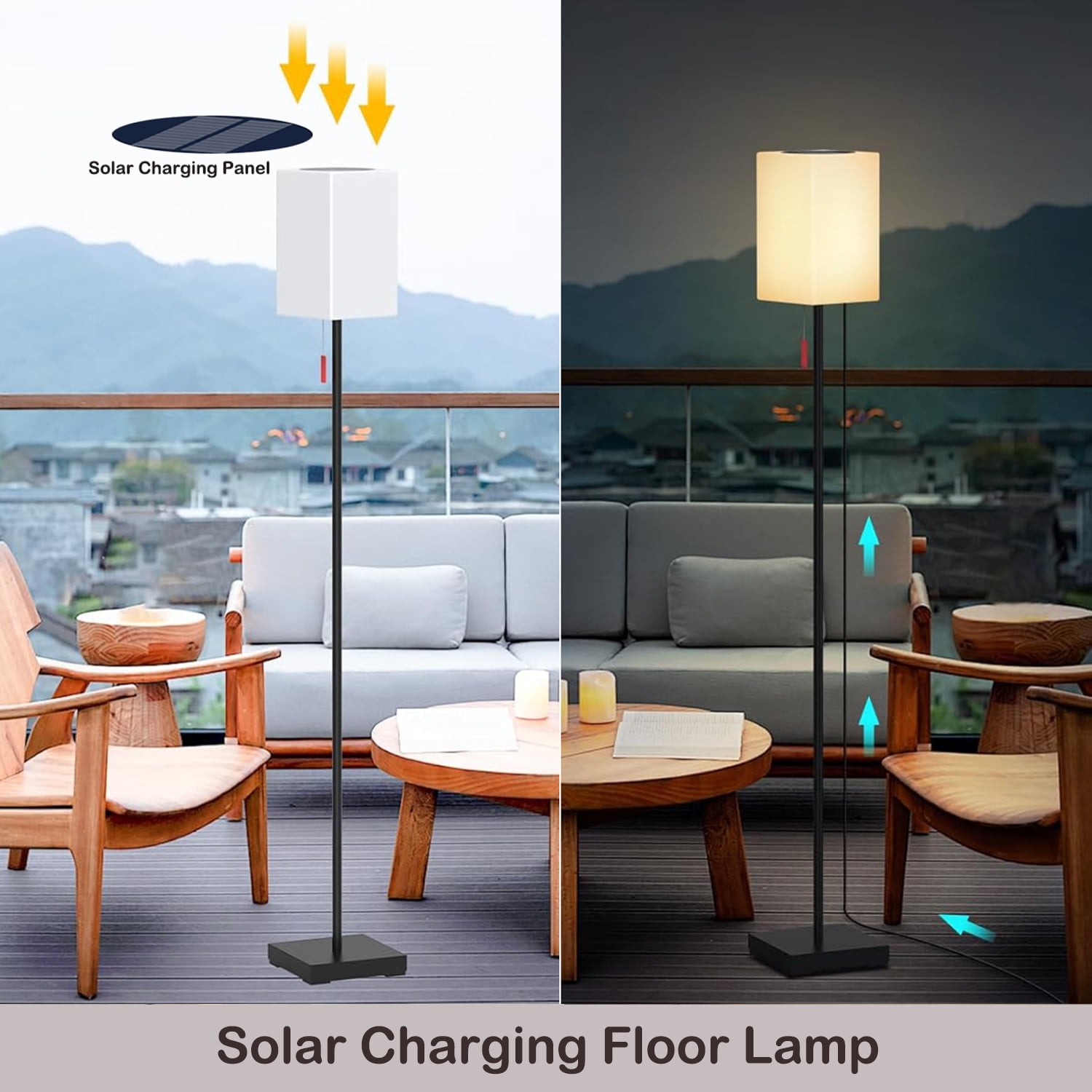 Postlucky 59" Solar LED Floor Lamp Dimmable with Remote Control, RGB Color, USB Charging, Cuboid Shade