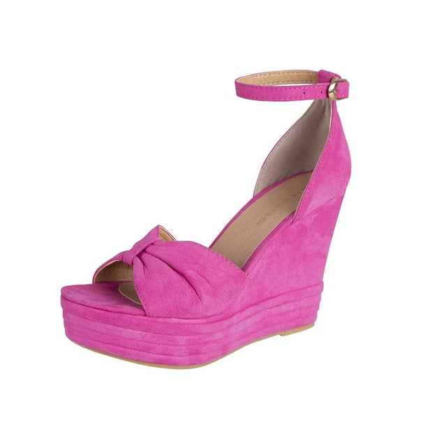 Sandalia con Tacon de 11 cm para Dama Mujer en Color fiusha, Elaborado de Textil Acabado Gamuza, Diseño con Moño. Cklass 734-39