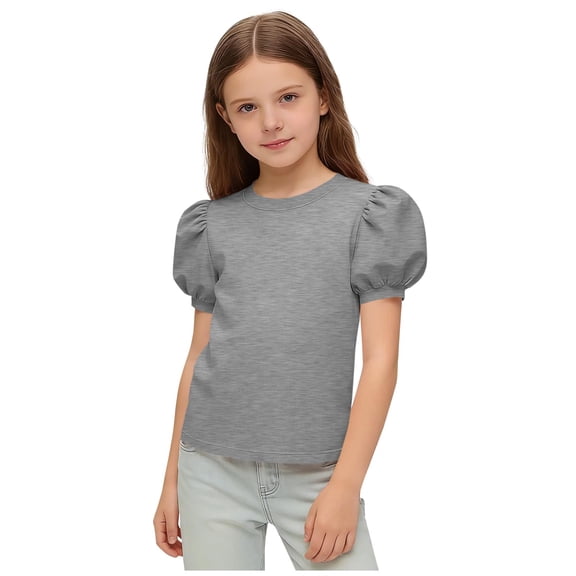 Gamivast Girls' T Shirt Puff Sleeve Playwear Casual Tops Regular Fit Crew Neck Basic Tees Solid Color Soft Cotton School Daily Outfits