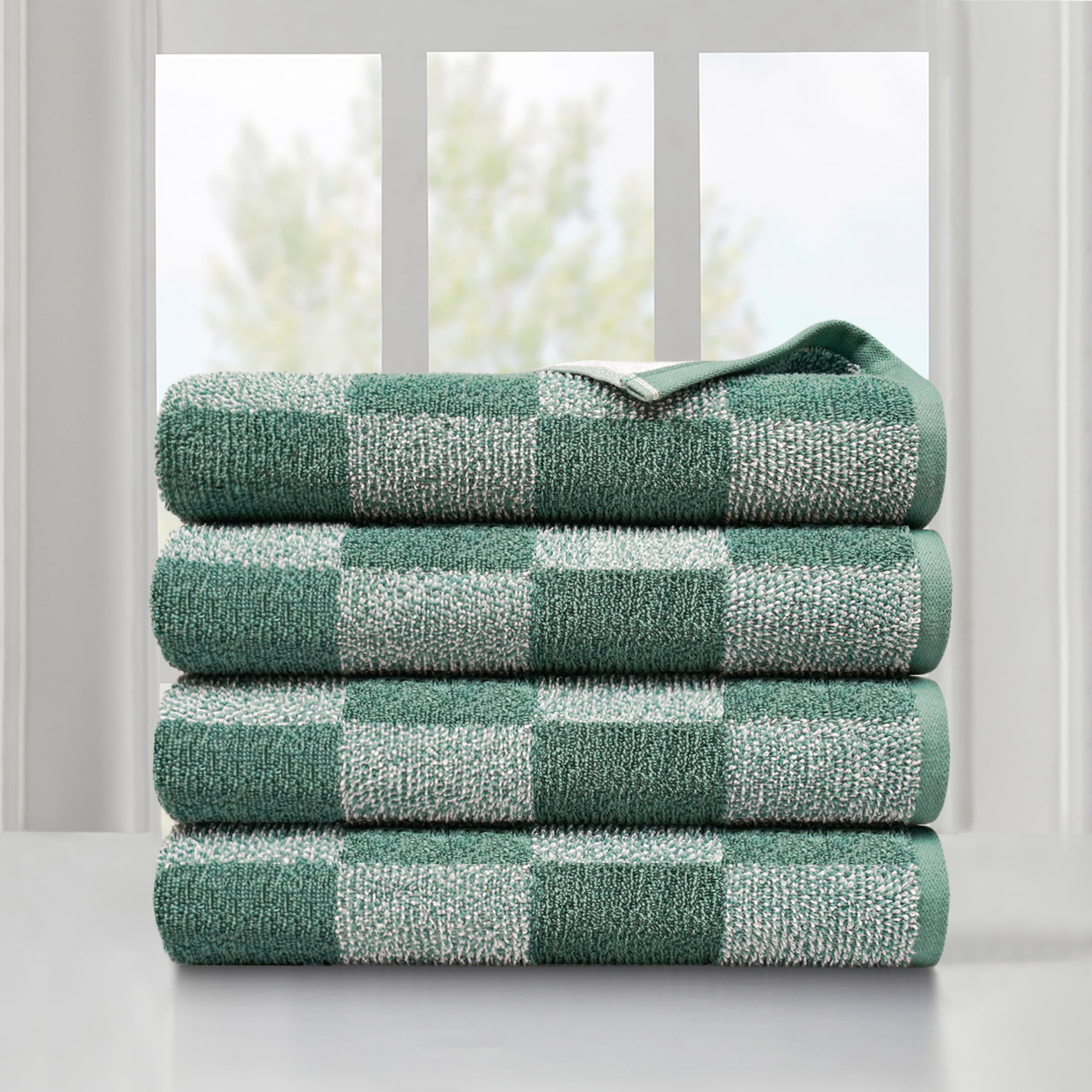 Mainstays Performance Checkered Bath Towel, 54" x 30", Sage - Pack of 4
