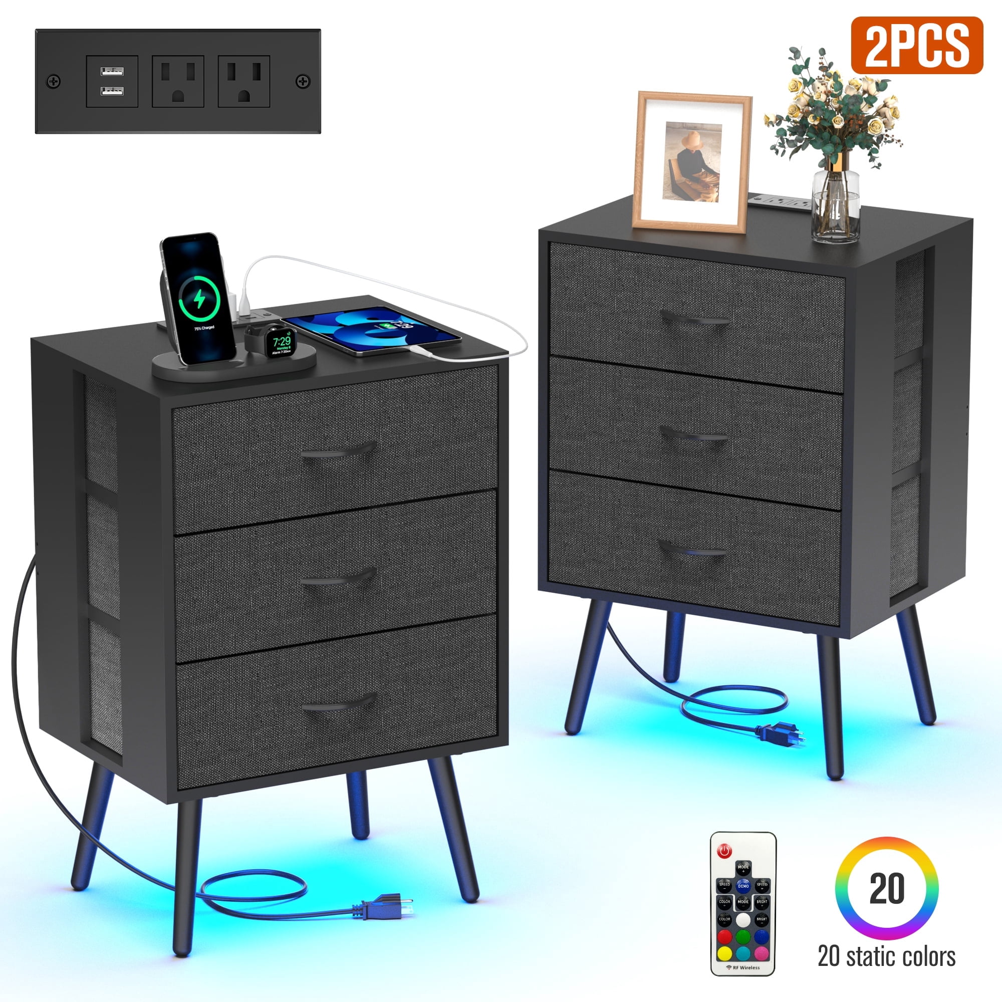 Holaki Night Stands for Bedroom Set of 2 with Charging Station, End Table Side Table with LED Light & 3 Collapsible Fabric Drawer, Bedside Table for Bedroom, Living Room, Black