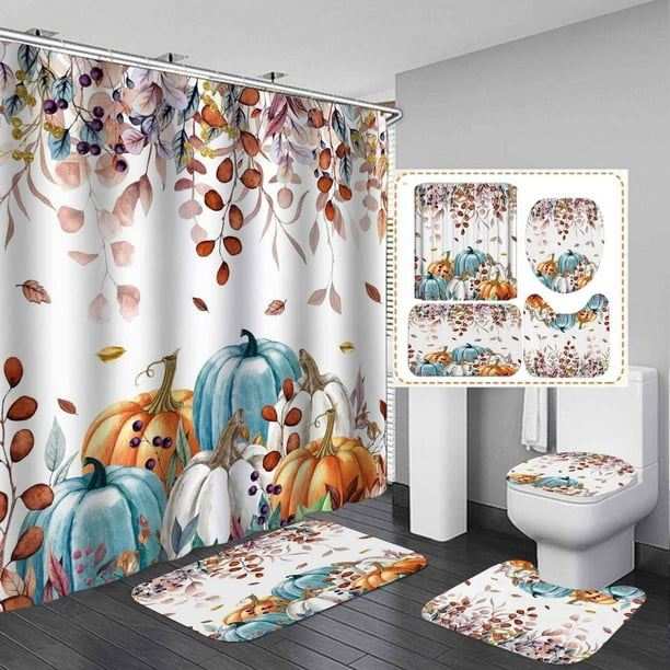 Juego de 4 cortinas de ducha de otoño con alfombras, cortina de ducha de tela blanca impermeable, cosecha de otoño, calabaza azul, naranja, acuarela, hojas de eucalipto, bayas botánicas, decoración