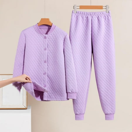 AUNVITO Women s Pajama Set Round Neck Long Sleeve Top and Pants with Quilted Insulation Cozy Homewear Thermal Style