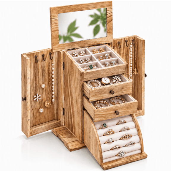 Qunbio Jewelry Box for Women, 4-Layer Large Wood Boxes, Jewelry Organizers for Necklaces Earrings Rings Bracelets, Rustic Organizer with Drawers & Ring Roll Drawer & Mirror