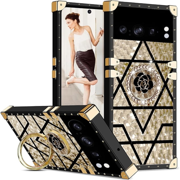 for Google Pixel 8 Pro Case for Women, Rivet Metal Corner Design Phone Case Cover with Bling Diamond Ring Suitable for Google Pixel 8 Pro 6.7" BF-Gold