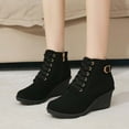 thumbnail image 2 of hopeusnice Women's Wedge Boots Lace Up Buckle Ankle Booties Comfortable Suede Wedge Heel Fall Winter Shoes Black 35, 2 of 7