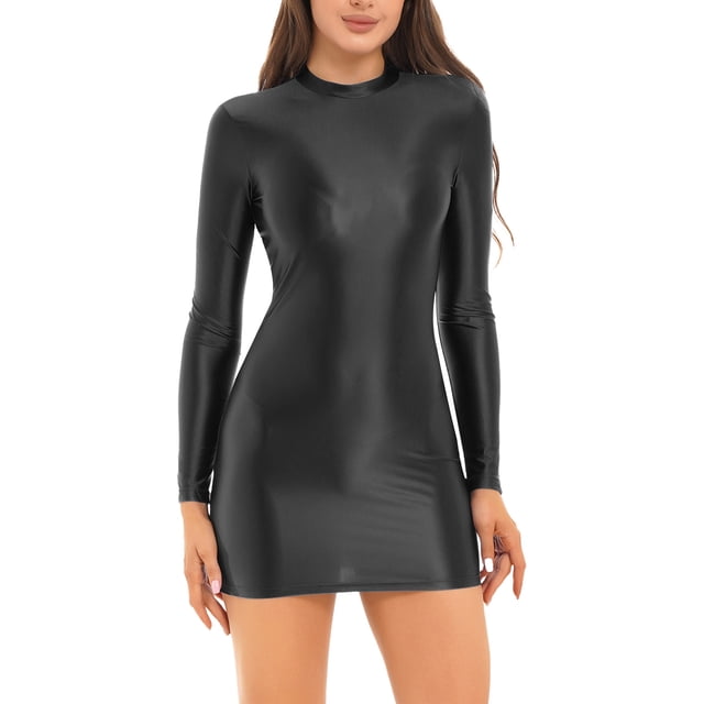 RUNQHUI Robe Moulante à Manches Longues Brillante pour Femmes, Col Montant, Mini Robe Moulante Noire m