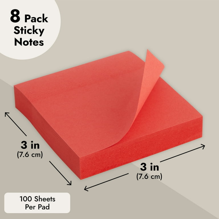 8 Pack Bright Red Sticky Notes 3x3 Inch Self-Stick Note Pads for Home,  Office Supplies (100 Sheets Per Pad) 