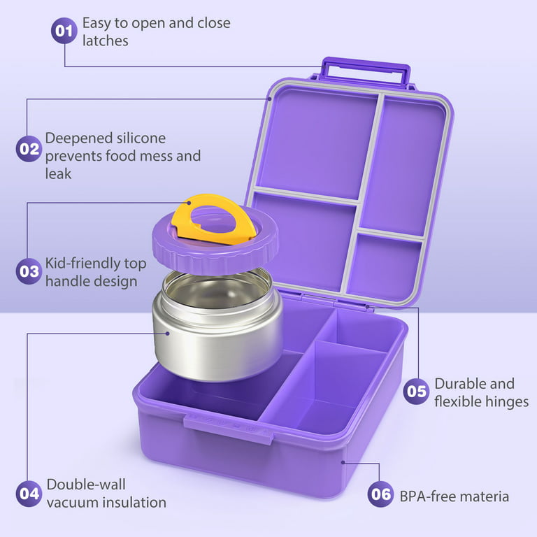 Caperci Bento Lunch Box for Kids with Thermos - Leakproof 4-Compartment Lunch  Food Containers for Kids and Teens, Two Temperature Zones, Versatile  (Purple) 