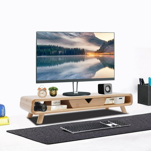 Bamboo Monitor Stand Riser, No Assembly Required Exquisite Monitor Stand with Drawer, Ergonomic Height Wood Monitor Stand