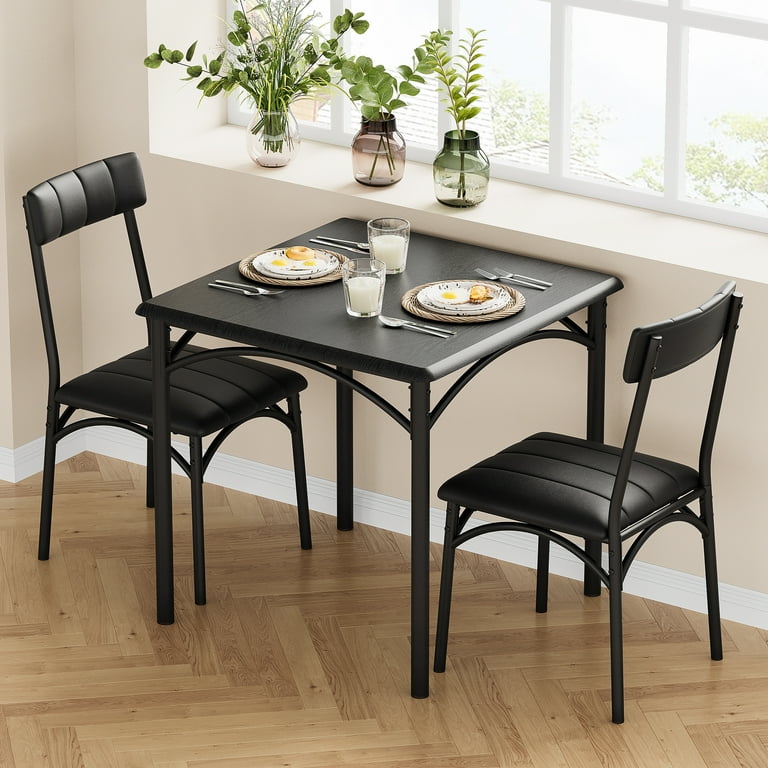 Dining Table for 2 People Square Dining Room Table Set with 2 Upholstered Chairs for Small Space Black