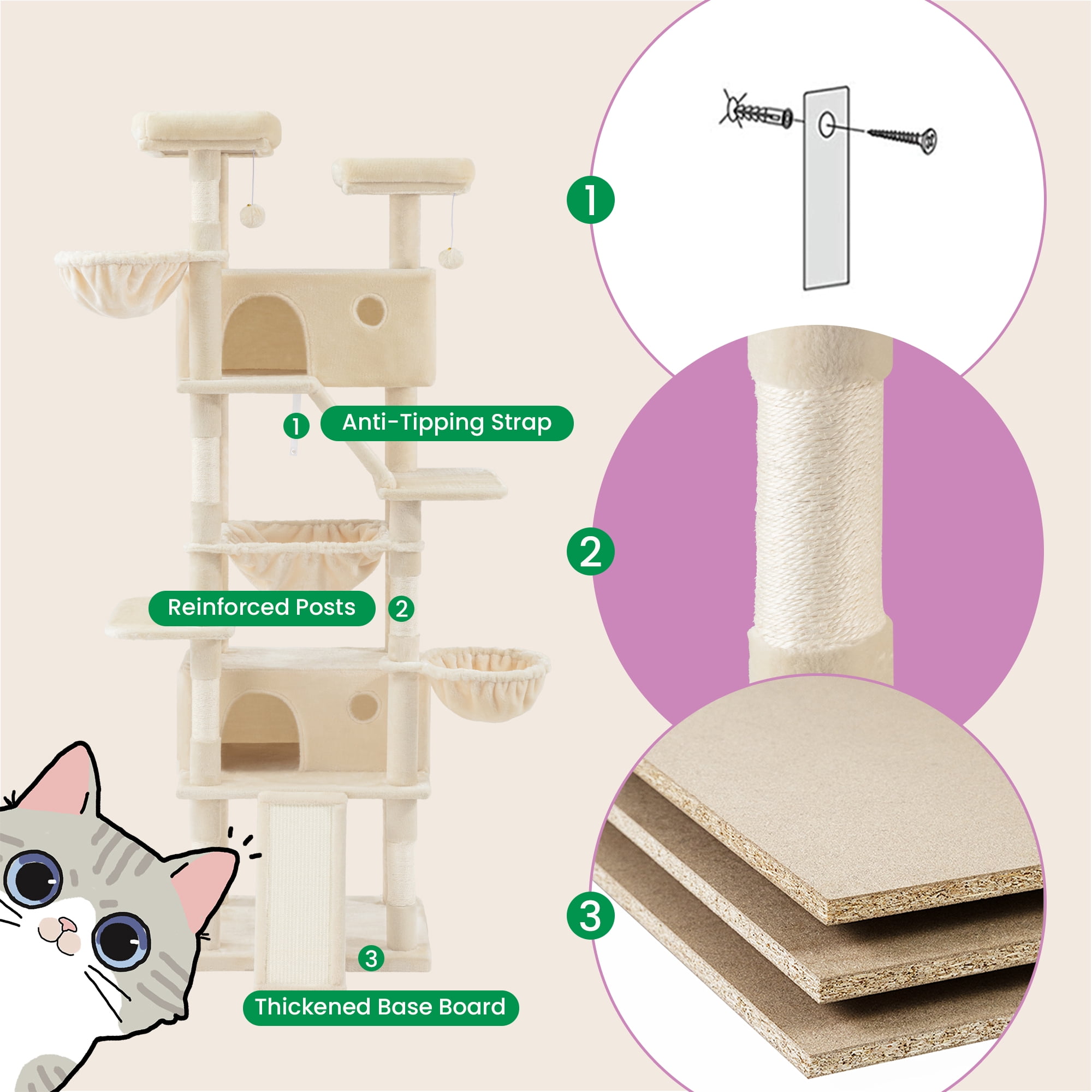 Merrland 81" Multi-Level Large Cat Tree Tower for Indoor Kittens, Cat Condo with Hammock & Sisal Scratching Posts, Beige
