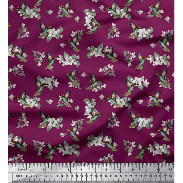 Soimoi Rayon Crepe Fabric Leaves,White Floral & Hummingbird Printed Craft Fabric by The Yards 46 Inch Wide