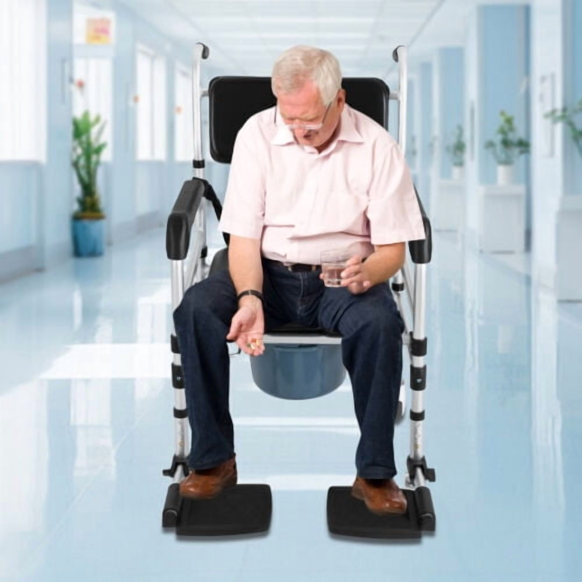 3 in 1 Foldable Height Adjustable Shower Wheelchair, Accessibility Commode Wheelchair with Flip-Up Footrests, Transport Rolling Chair for Elderly, Disabled, Adults