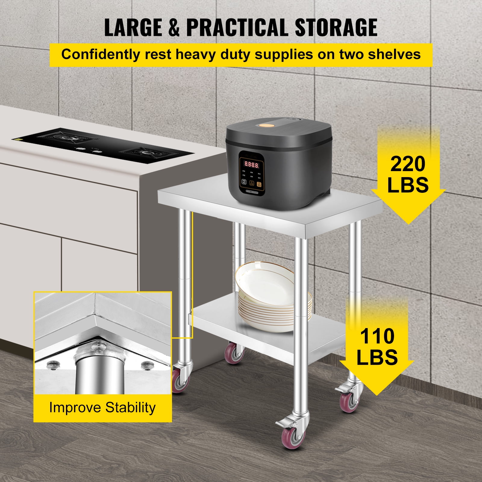 VEVOR Stainless Steel Work Table 30 x 18 x 34 In 4 Wheels Food Prep Commercial Grade 2 Layers
