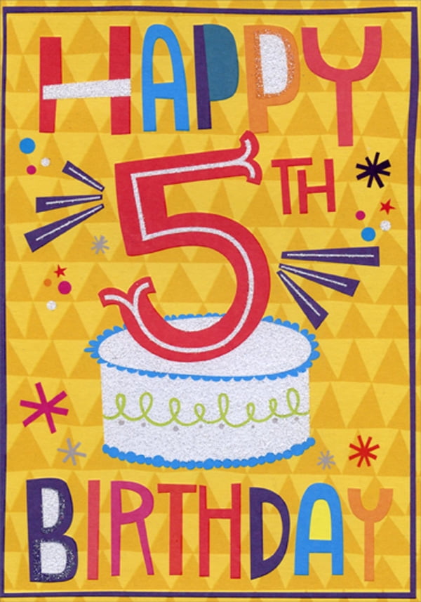 Designer Greetings Sparkling White Cake on Yellow Background Age 5 / 5th Birthday Card with Stickers