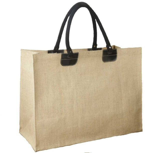 Pack of 12 - Large Laminated Jute Bag with Leather Accents and Interior Pocket 21 Pack of 12 - Large Laminated Jute Bag with Leather Accents and Interior Pocket 21