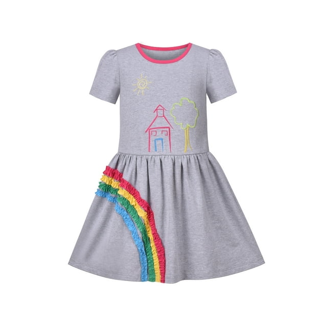 Girls Dress 3D Rainbow Grey Ruffle Embroidery Tree House Short Sleeve 5 Years