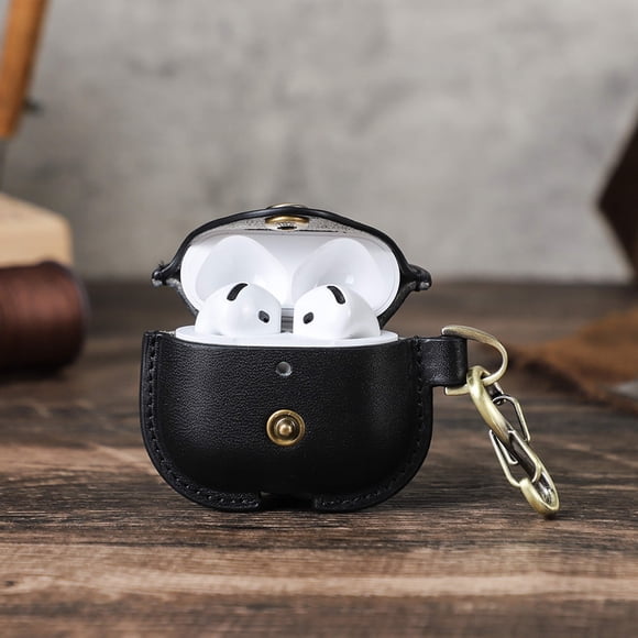 Hiram Leather AirPods 4 Case Cover, AirPods 4 (2024) Bluetooth Wireless Charging Earbuds Case with a metal Hook and metal Snap, Black