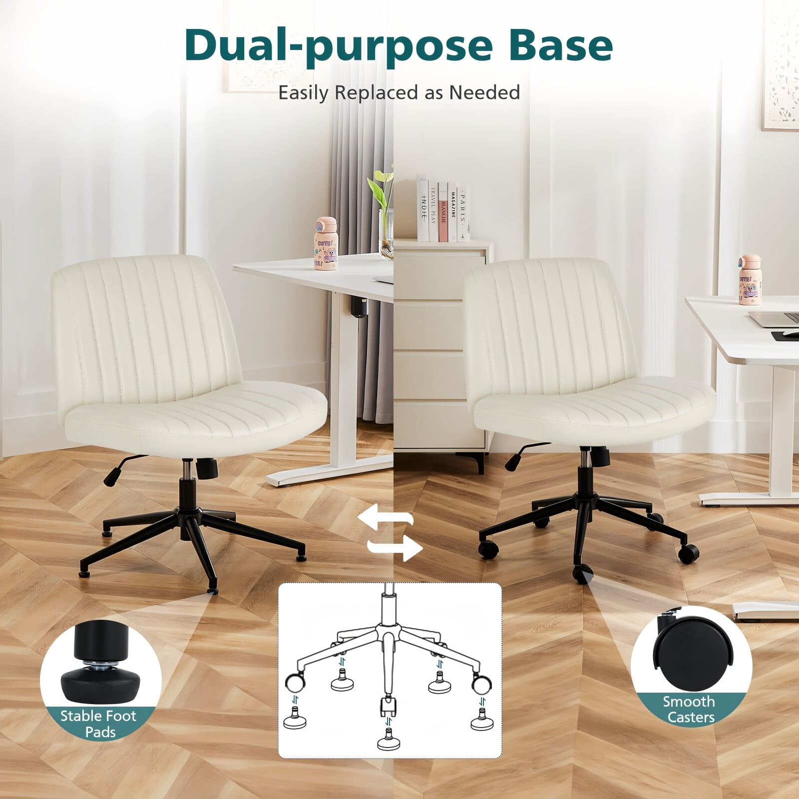 Kelno Armless Criss Cross Office Chair with Wheels 300lb Capacity Wide Seat Cross Legged Desk Chair Height Adjustable Swivel Vanity Chair, Beige PU