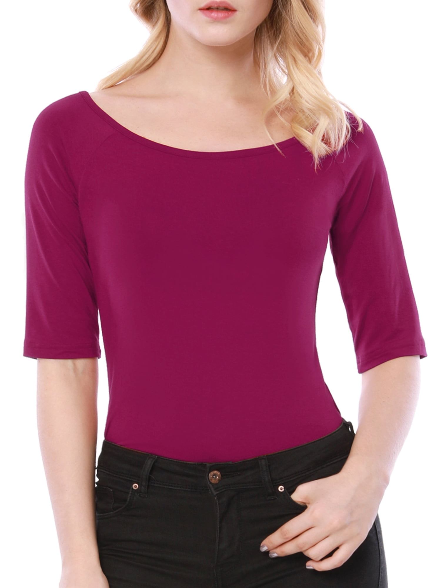 DARING DIVA Women's Slim Fit Pullover Boat Neck Stretchable T-Shirt XS Fuchsia