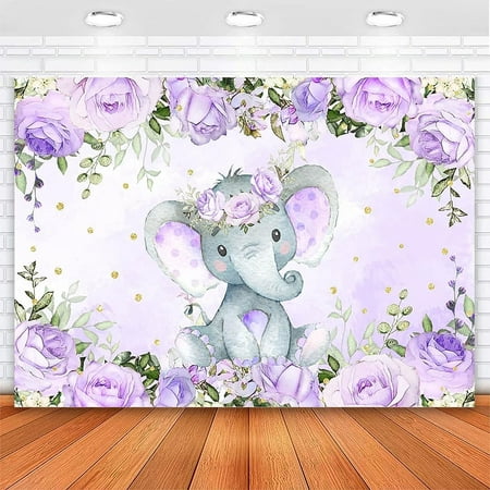 Image of Avezano Purple Elephant Baby Backdrop Lavender Floral Little Elephant Baby Background Girl Elephant Baby