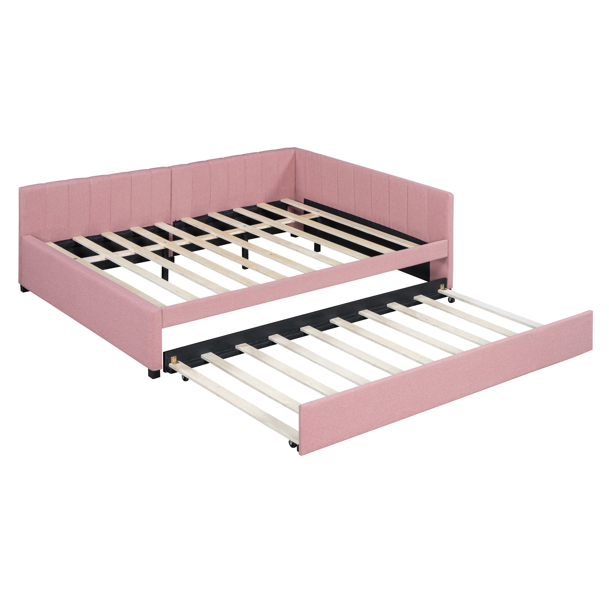 Aukfa Full Size Daybed with Trundle Bed, Upholstered Sofa Bed Frame, Pink