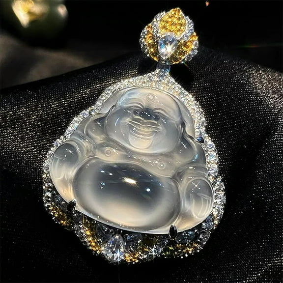 GKNET 925 Silver Natural White Ice Jade Marrow Yellow Diamond Buddha Gong Pendant-default