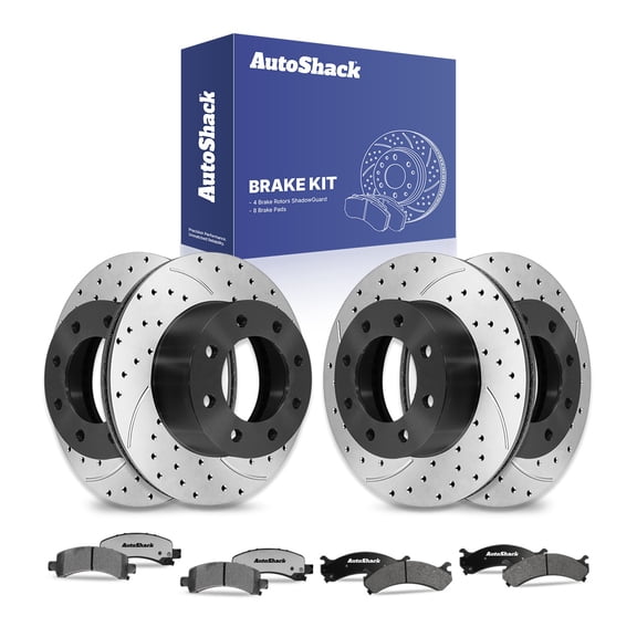 AutoShack Front Vented & Rear Vented Drilled & Slotted E-Coated Brake Rotors   Ceramic Pads 12-PC Brake Kit Replacement for 2003-2017 Chevrolet Express 2500 2003-2017 GMC Savana 2500 ShadowGuard