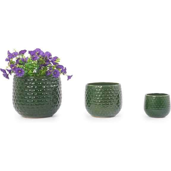 mdj pottery Ceramic Plant Pots, 5 7 9 Inches, Set of 3, Flower Pots with Drainage Hole, Planters for Indoor Plants, Modern Decorative Pot for Garden, Windowsill - Dark Green