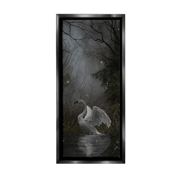 Stupell Industries Swan in Dark Night Pond Animals & Insects Painting Black Floater Framed Canvas Art Print Wall Art, 11 x 25