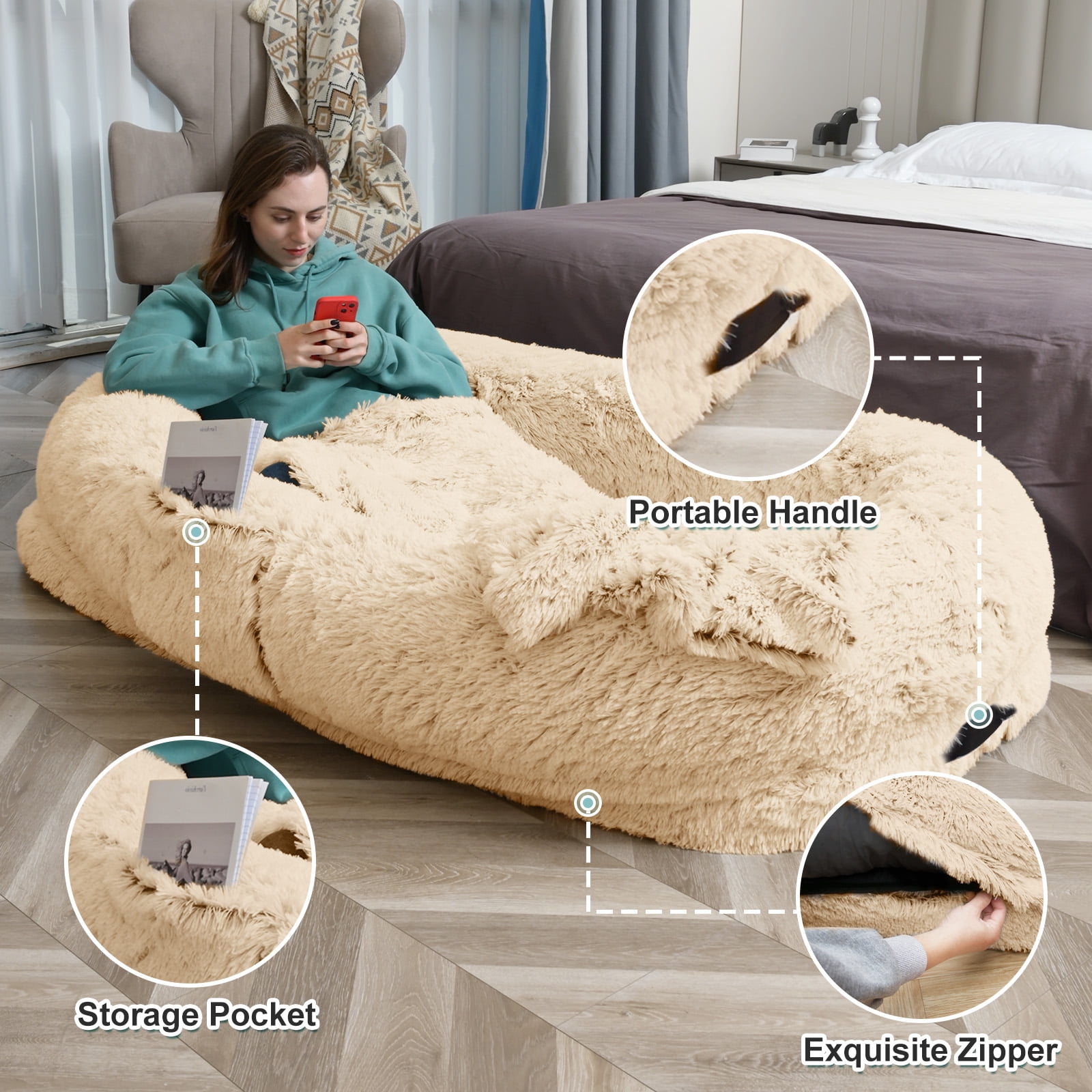 Dokdogs Oversized Human Dog Bed for Adults & Pets, 70"x44"x11" Washable Faux Fur Lounger with Orthopedic Support, Plush Pillow & Blanket Included - Beige
