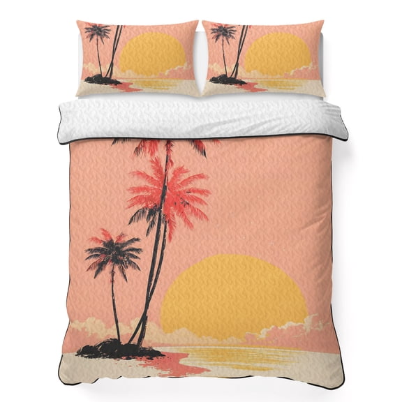Quilts Twin XL Size Bedding Set, Tropical Palm Tree Lightweight Quilted Comforter, Summer Beach Orange Pink Sunset Vintage Soft Bedspread Coverlet with Pillow Covers for All Season, 68" x 98"