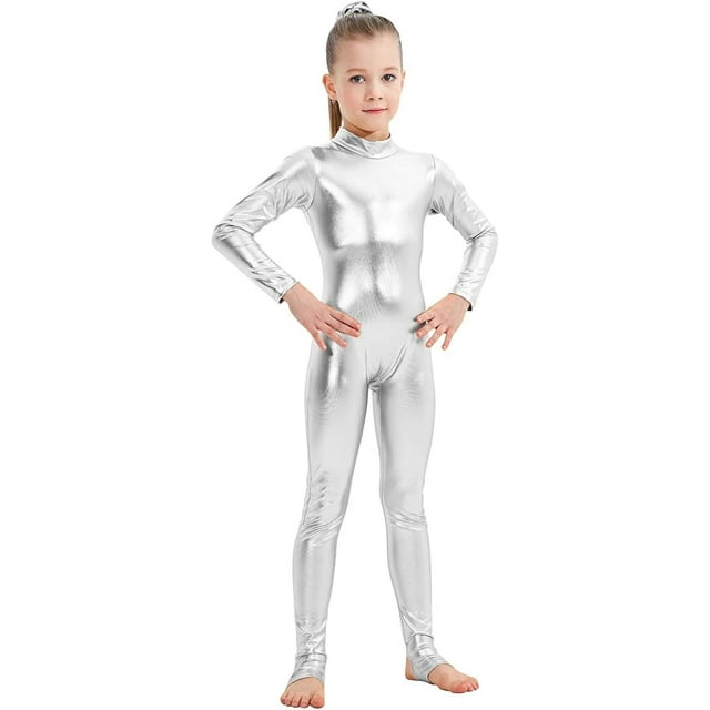 Girls Shiny Metallic Long Sleeve Unitard Spandex One Piece Wet Look Kid Bodysuit