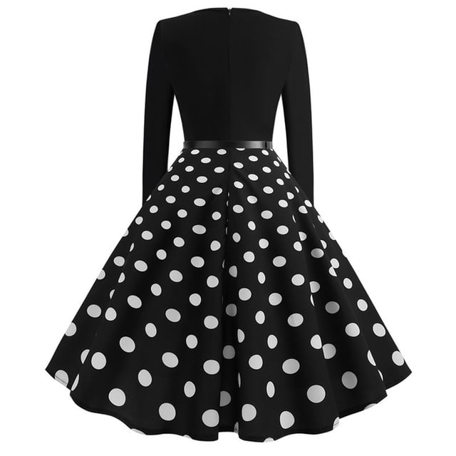 Pompotops Robe Vintage Évasée Ligne A Mode Femme Ceinture Bal Swing Manches Longues Imprimé à Pois Robe de Soirée