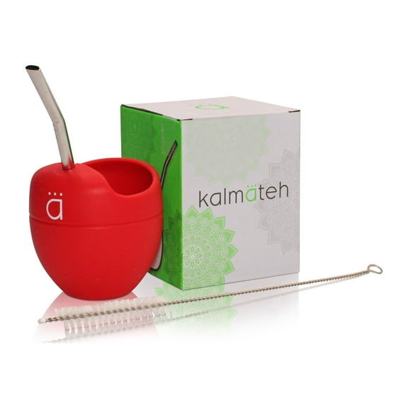 Kalmateh Silicone Mate Gourd and Bombilla (straw) with Cleansing Brush for Yerba Mate Drinking- 5oz/200ml - BPA Free (Red)