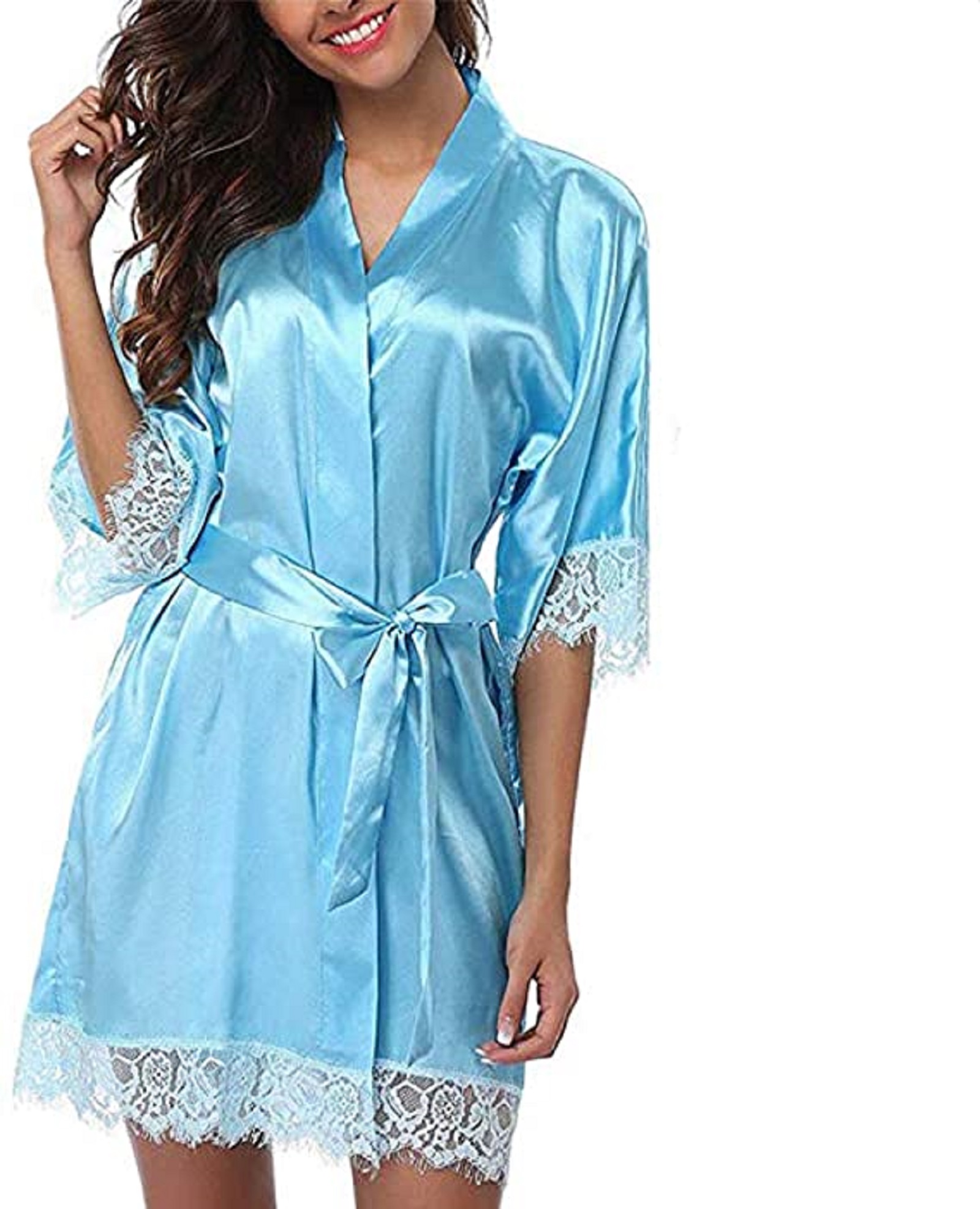 Fanvereka Women Night Robes Sleepwear Medium Sleeve Lace Smooth Robes