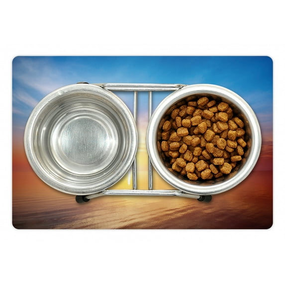 Sunrise Pet Mat for Food and Water, Horizon Seascape Bay Ocean Coastal Charm Sky Tranquil Summer Image, Non-Slip Rubber Mat for Dogs and Cats, 18" X 12", by Ambesonne