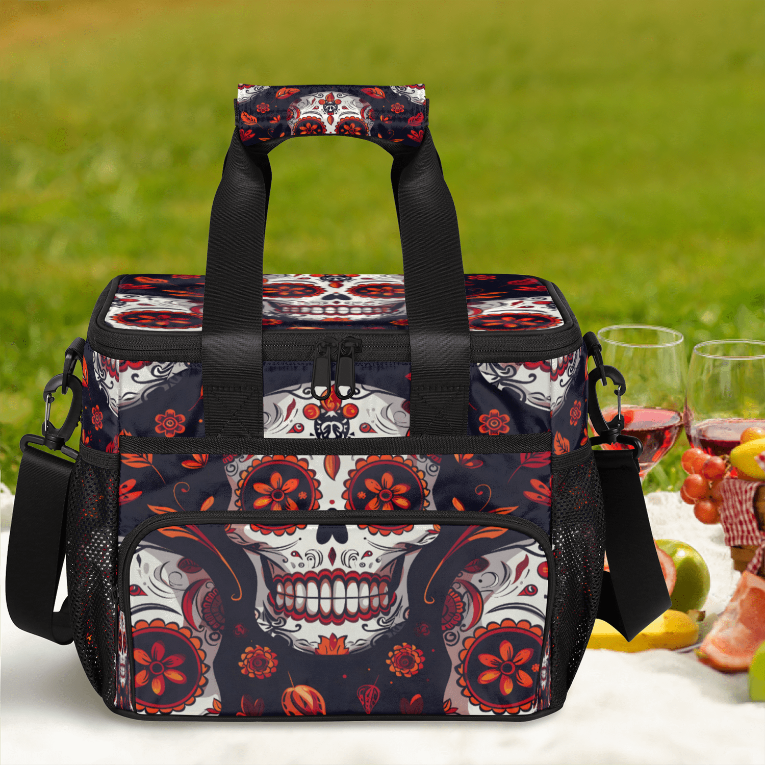 Herdesigns Sugar Skull Mexican Floral Skeleton Large Lunch Box for Adults Women Men with Adjustable Shoulder Strap, Insulated Reusable Lunch Bag Leakproof Cooler Tote Bag