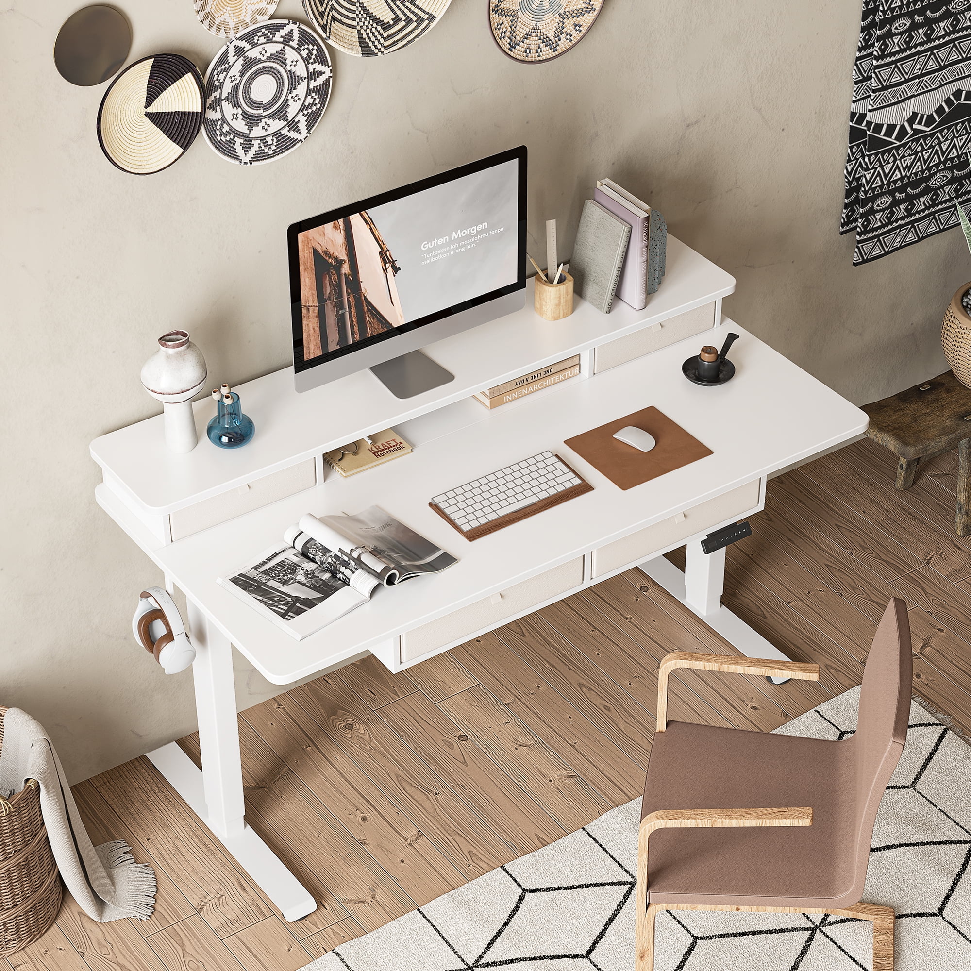 DESINO 48 x 24 Inch Height Adjustable Electric Standing Desk with Drawers, Stand Up Table with Large Storage Shelf, Sit Stand Desk for Home Office, White