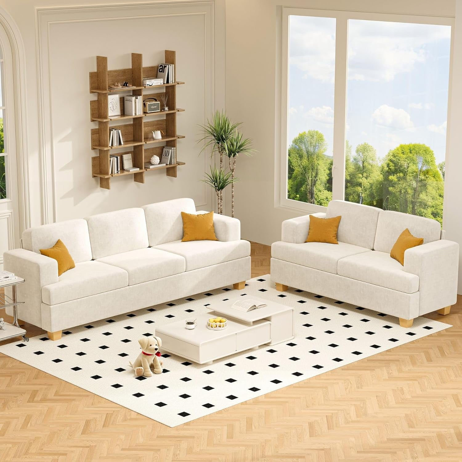 Techmilly Modern Comfy Deep Seat Sofa,3 Seater,for Living Room Bedroom,Apartment,Lounge,Beige Chenille