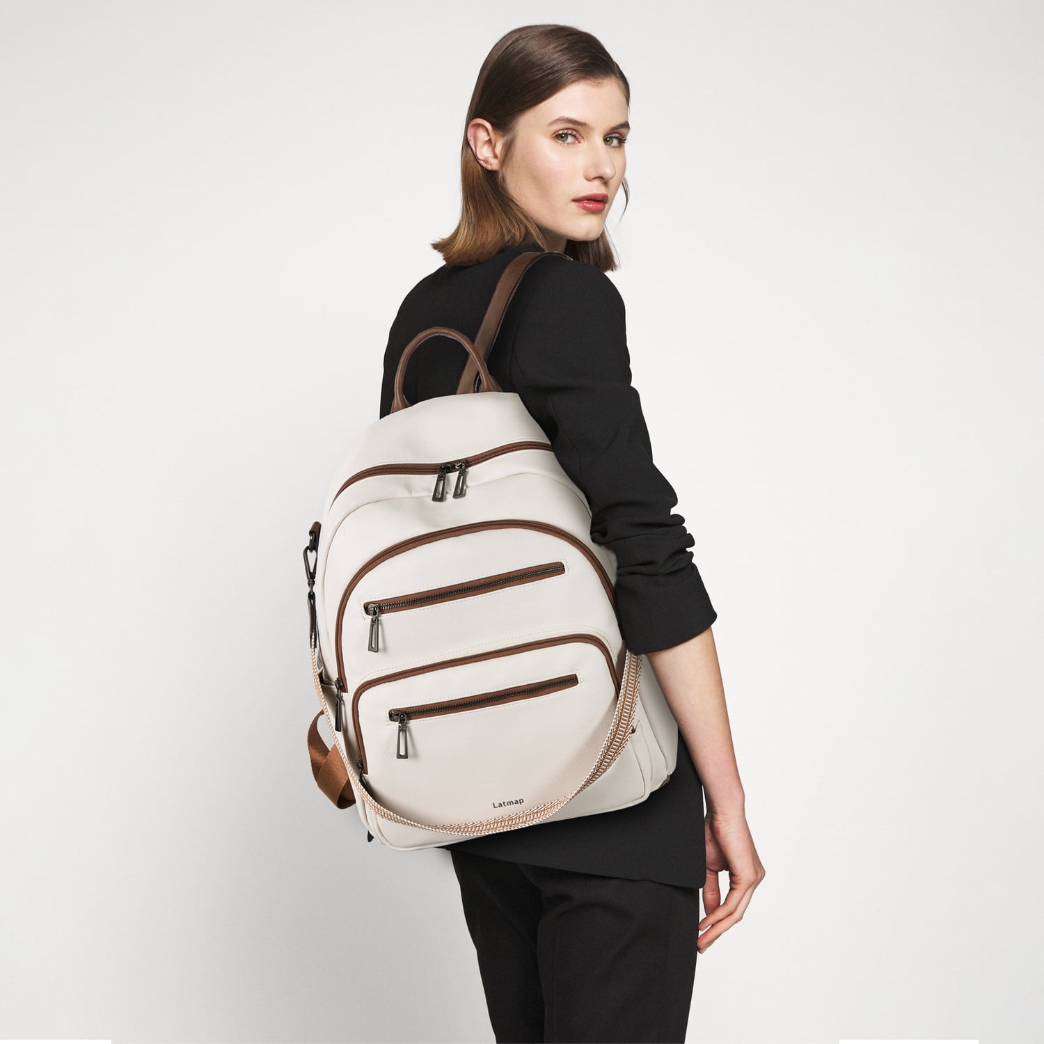 Backpack Purse for Women, Leather Vegan Ladies Fashion Designer Rucksack Convertible Travel Shoulder Bag Teacher College Daypack Work Handbag fits 14" Laptop-Beige
