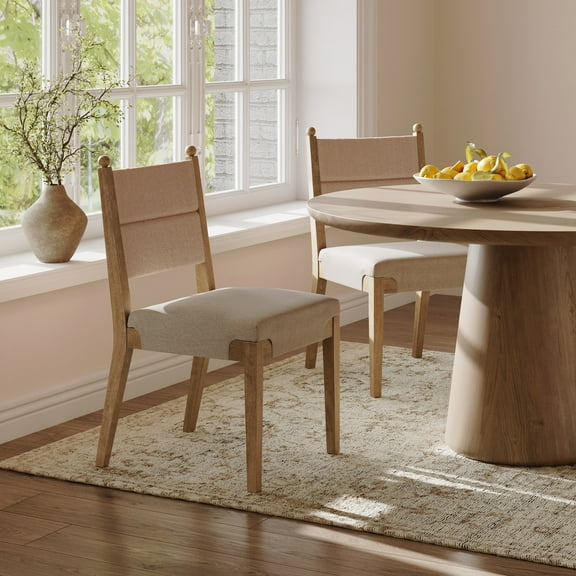 Nathan James Cove Boho Solid Wood Dining Chair with Woven Seagrass Back and Upholstered Seat, Flax/Light Brown Set of 2