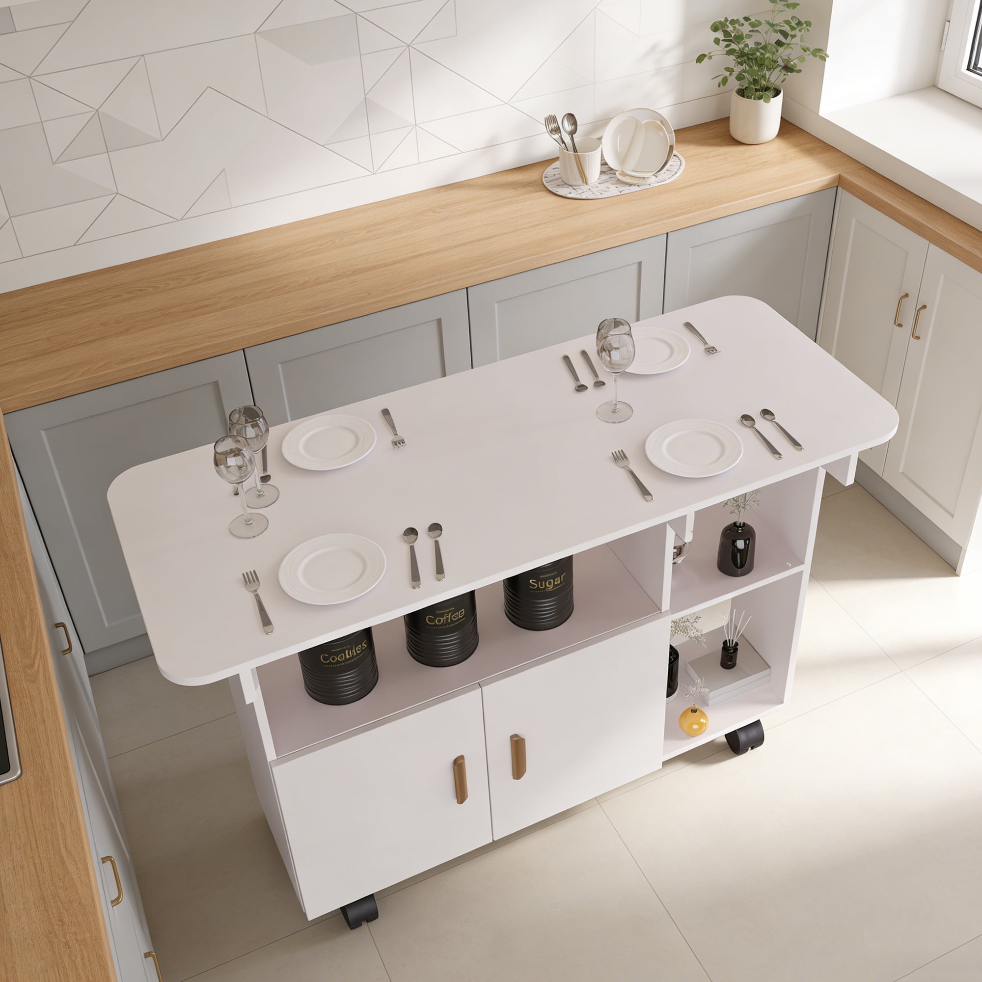 Folding Dining Table with Drawer Movable Kitchen Table Drop Leaf Table,&nbsp;with Built-In Drawer and 6 Wheels for Small Spaces Craft and Dining Use, White